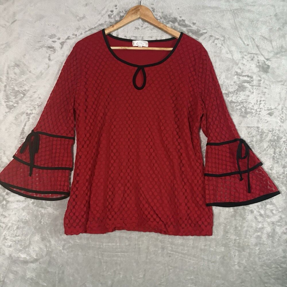 Shannon Ford New York Blouse XL Red Lace Bell Sleeve Keyhole Retro Goth Pinup